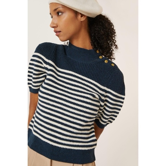 Anthropologie MAEVE Puff-Sleeves Sweater Tee Sailor Stripe Nautical Medium - Picture 5 of 15